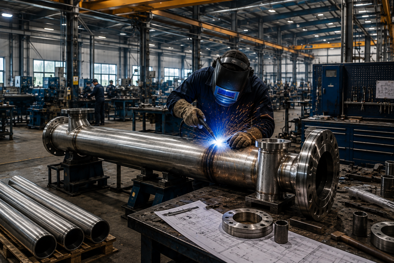 Industrielle Fertigung von Rohrleitungskomponenten und Stahlbauteilen in einer Werkstatt