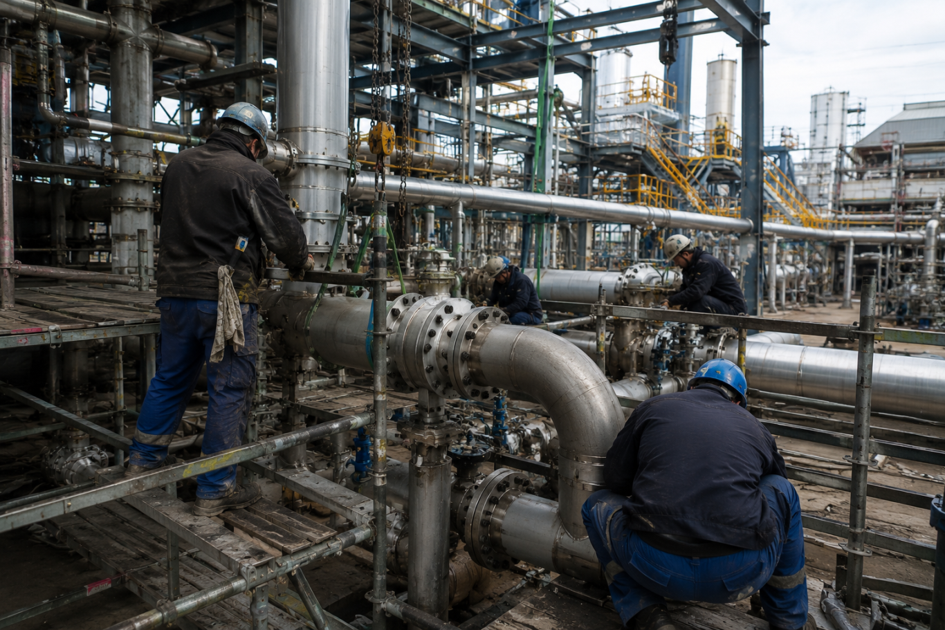 Fachkräfte bei der mechanischen Montage von Rohrleitungen und Anlagenkomponenten