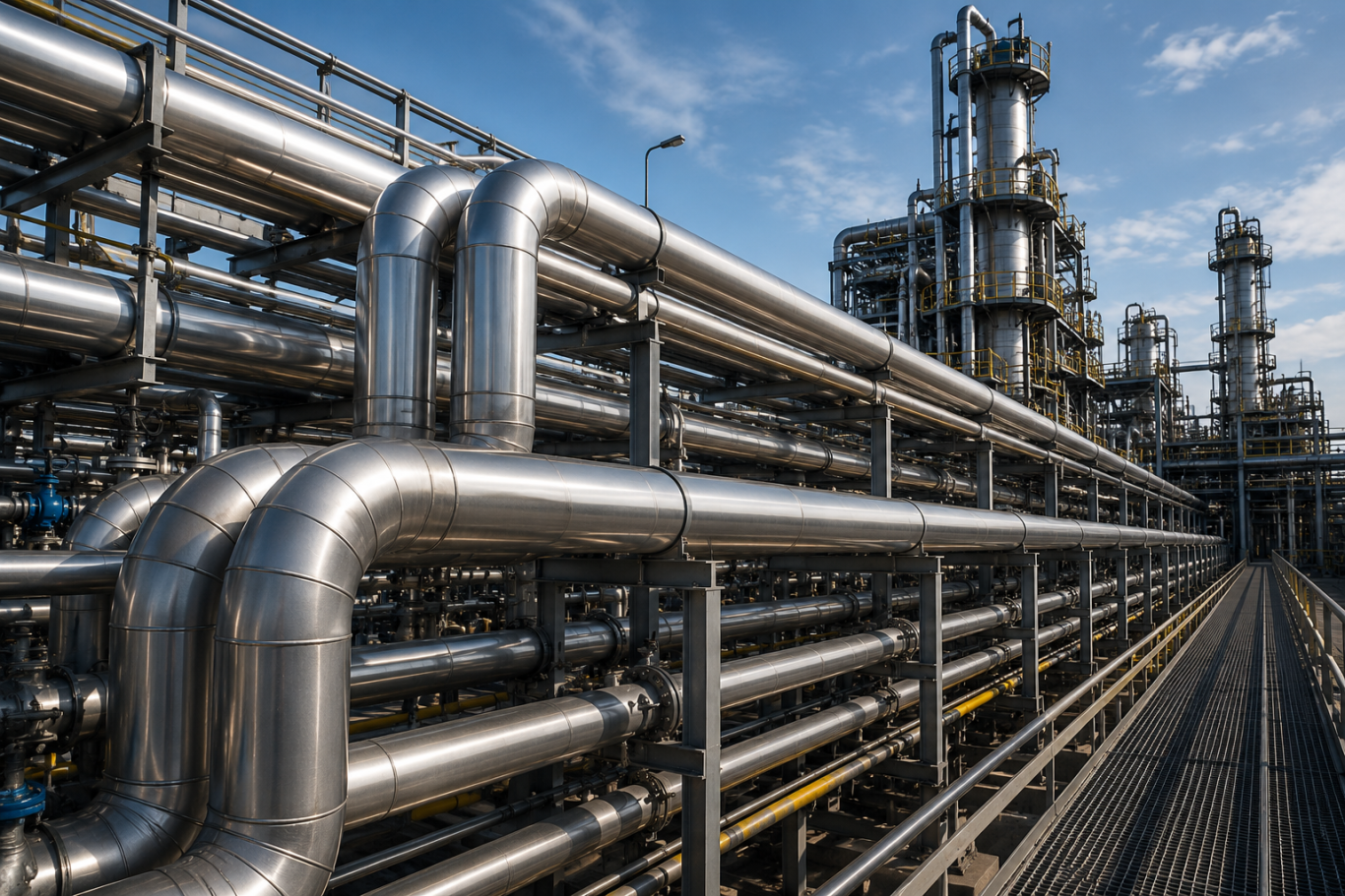 Industrieller Rohrleitungsbau mit Rohrsystemen, Armaturen und Schweißverbindungen